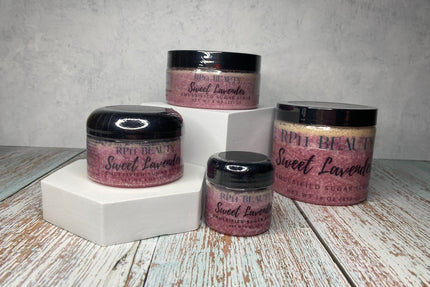 Pink colored sugar scrub that smells like a blend of lavender & chamomile available in 2oz, 4oz, 8oz & 16oz size jars